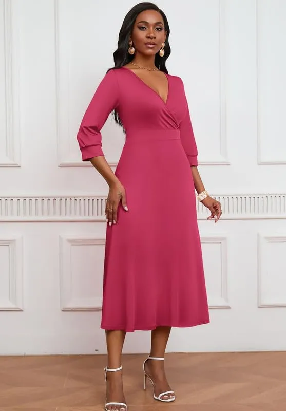 Womens Casual Dress Wrap V-Neck Elegant Wedding Guest Midi Dress 3/4 Sleeve High Waist