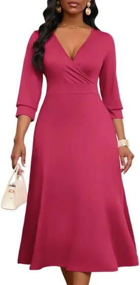 Womens Casual Dress Wrap V-Neck Elegant Wedding Guest Midi Dress 3/4 Sleeve High Waist