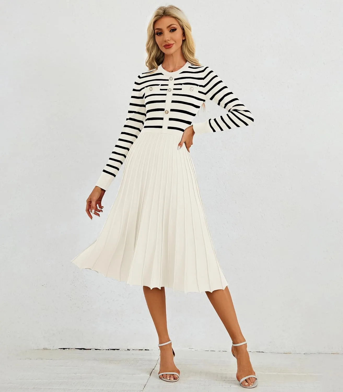 Women's Casual Long Sleeve Striped Midi Dress Crewneck Button Swing Pleated Knit A Line Dresses