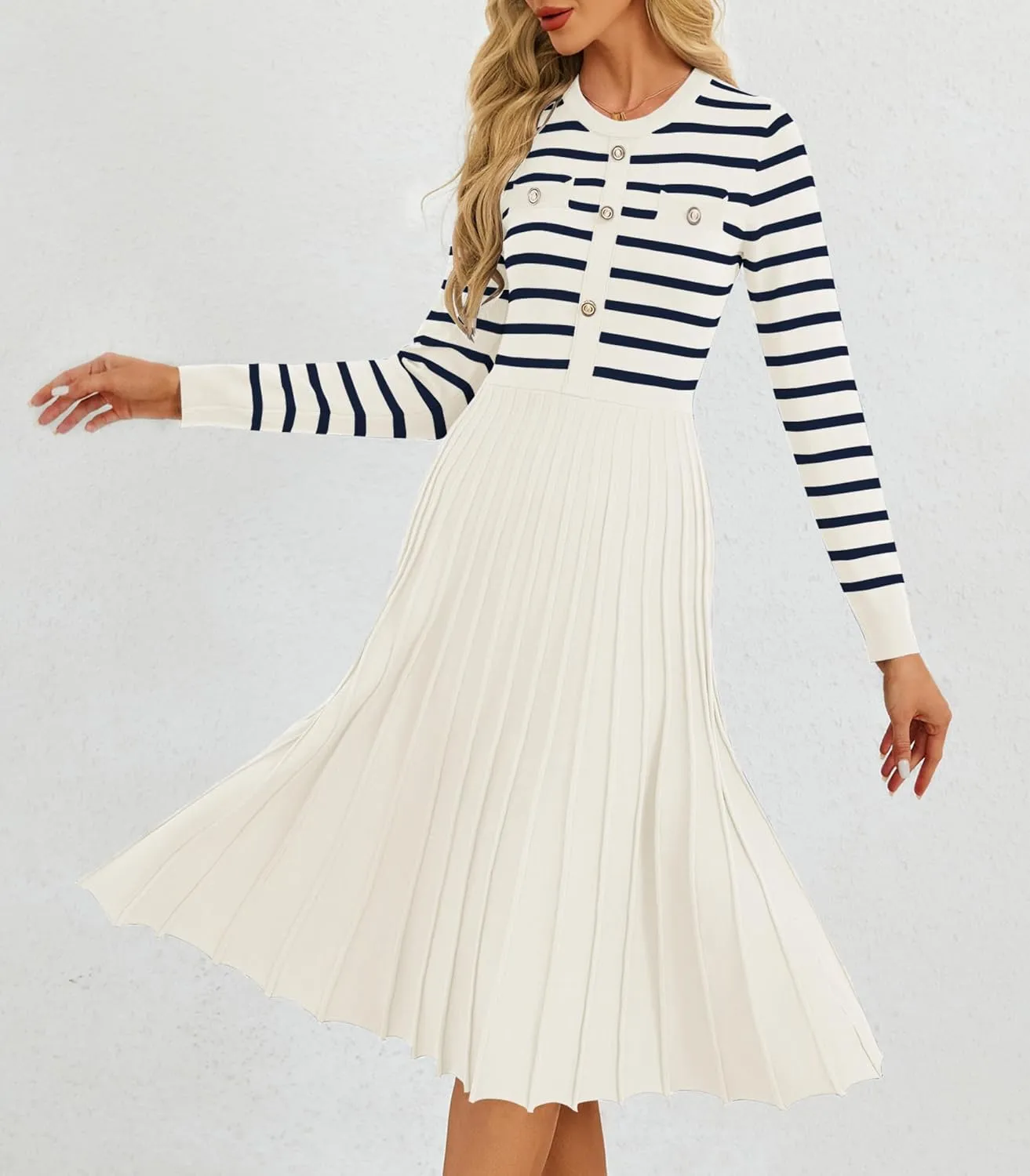 Women's Casual Long Sleeve Striped Midi Dress Crewneck Button Swing Pleated Knit A Line Dresses