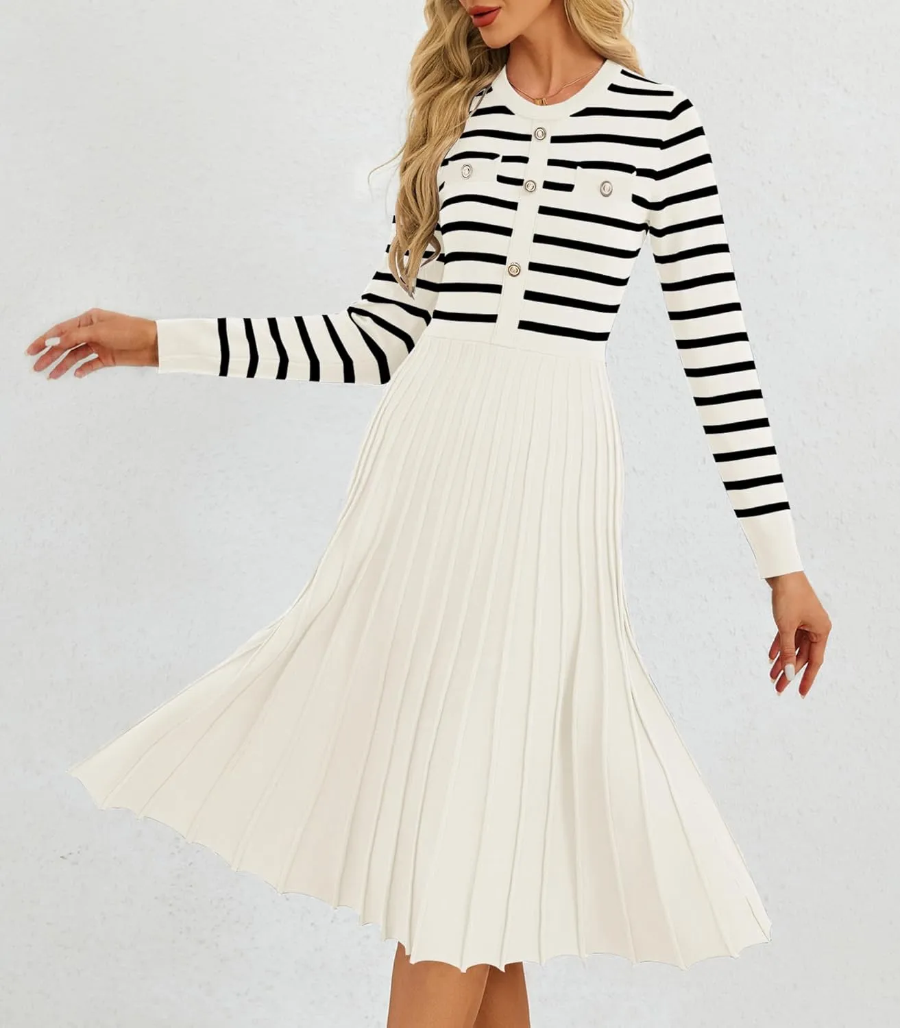 Women's Casual Long Sleeve Striped Midi Dress Crewneck Button Swing Pleated Knit A Line Dresses