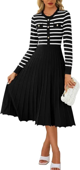 Women's Casual Long Sleeve Striped Midi Dress Crewneck Button Swing Pleated Knit A Line Dresses