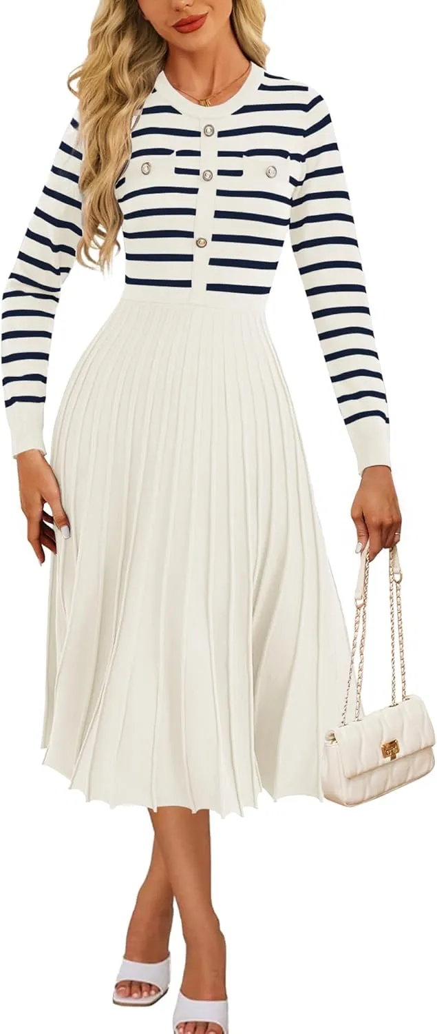 Women's Casual Long Sleeve Striped Midi Dress Crewneck Button Swing Pleated Knit A Line Dresses