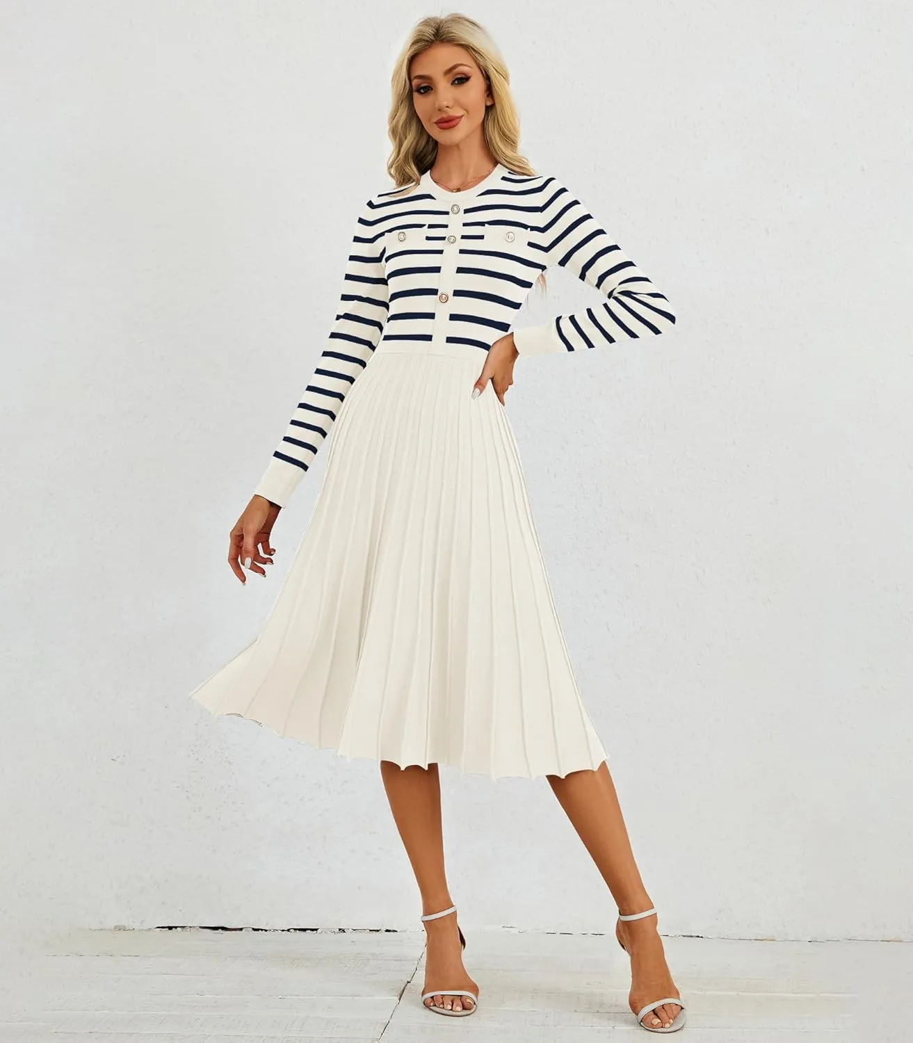 Women's Casual Long Sleeve Striped Midi Dress Crewneck Button Swing Pleated Knit A Line Dresses