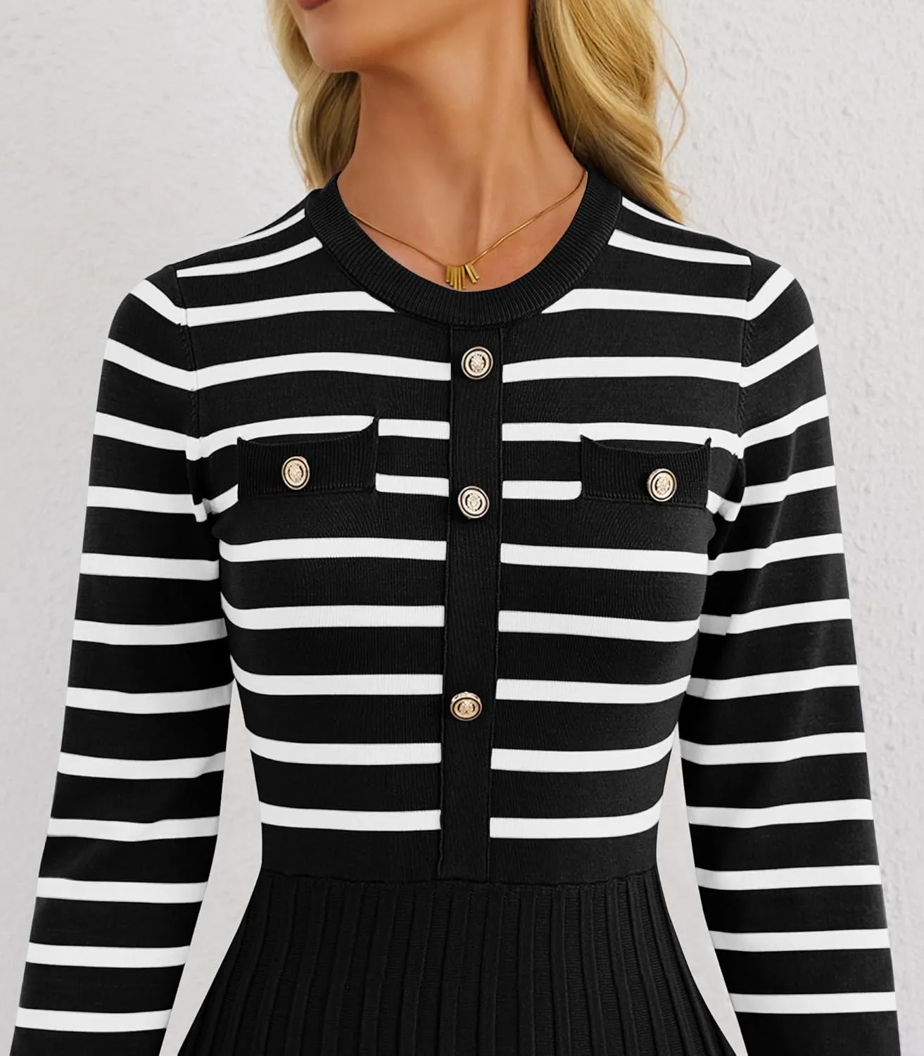 Women's Casual Long Sleeve Striped Midi Dress Crewneck Button Swing Pleated Knit A Line Dresses