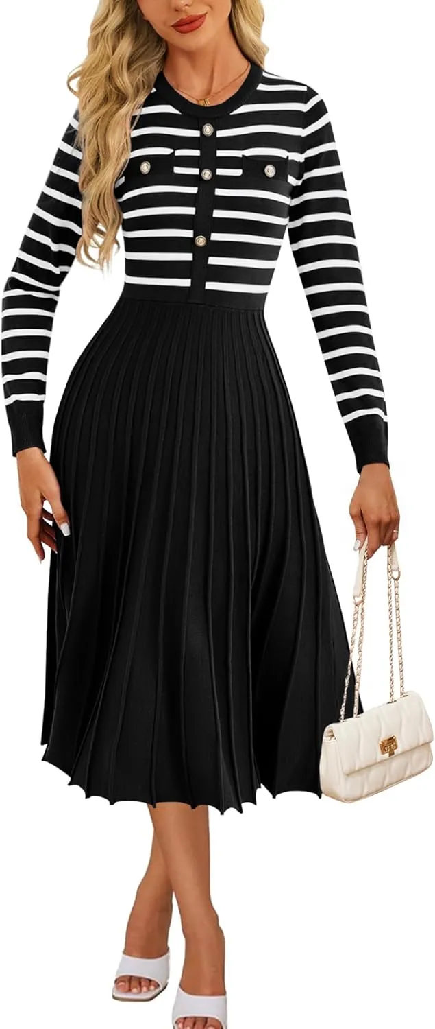 Women's Casual Long Sleeve Striped Midi Dress Crewneck Button Swing Pleated Knit A Line Dresses
