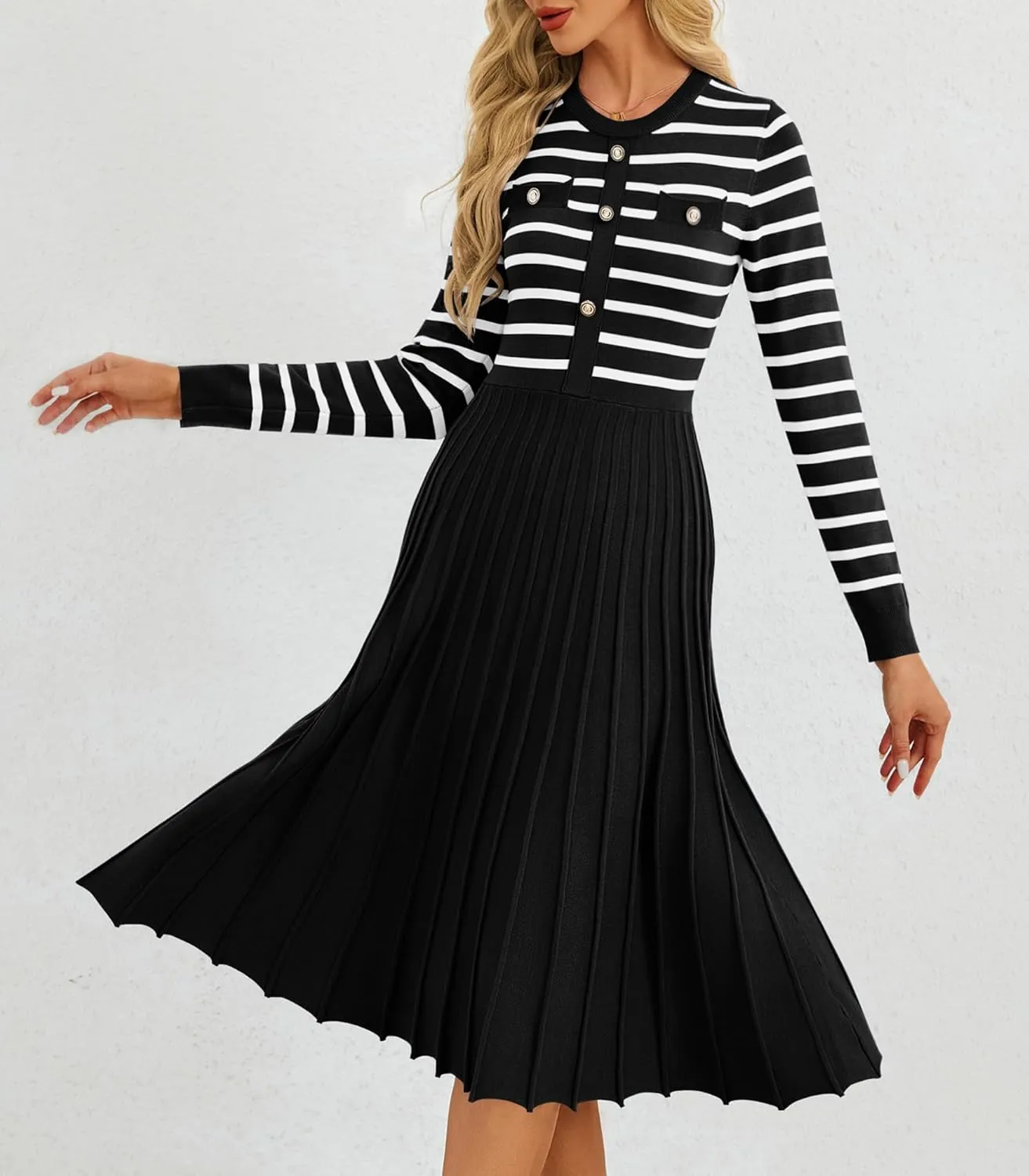Women's Casual Long Sleeve Striped Midi Dress Crewneck Button Swing Pleated Knit A Line Dresses