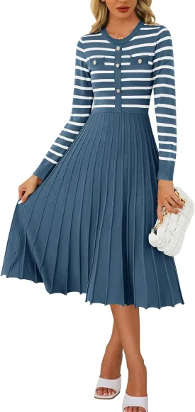 Women's Casual Long Sleeve Striped Midi Dress Crewneck Button Swing Pleated Knit A Line Dresses