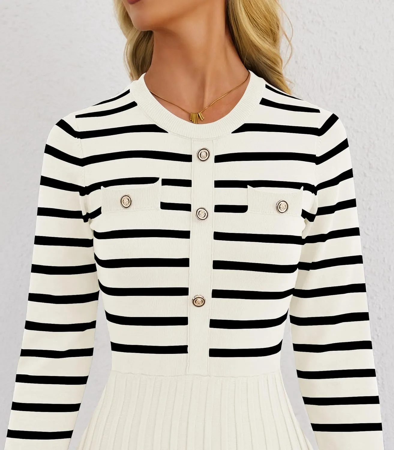 Women's Casual Long Sleeve Striped Midi Dress Crewneck Button Swing Pleated Knit A Line Dresses
