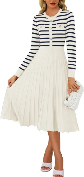 Women's Casual Long Sleeve Striped Midi Dress Crewneck Button Swing Pleated Knit A Line Dresses