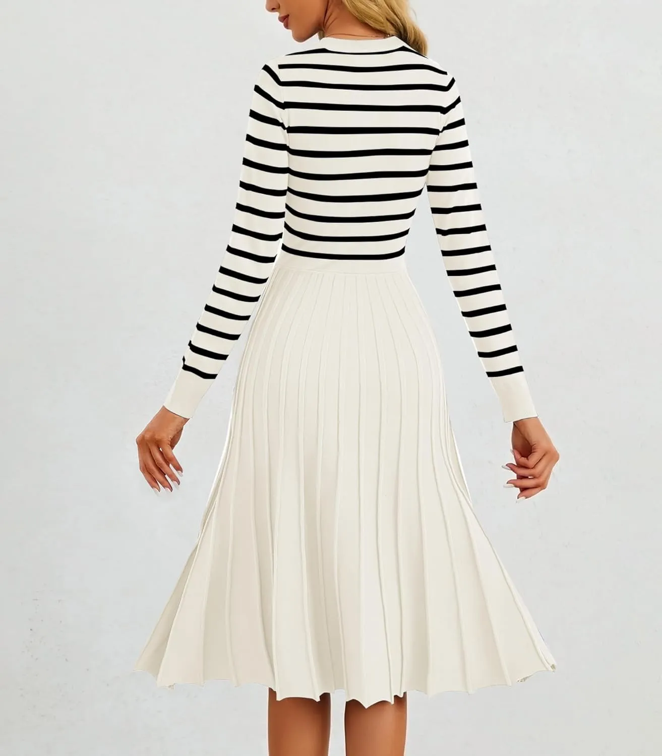 Women's Casual Long Sleeve Striped Midi Dress Crewneck Button Swing Pleated Knit A Line Dresses