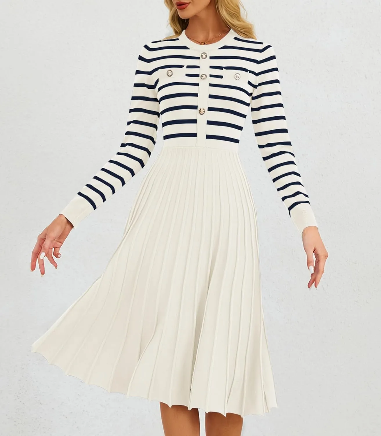 Women's Casual Long Sleeve Striped Midi Dress Crewneck Button Swing Pleated Knit A Line Dresses