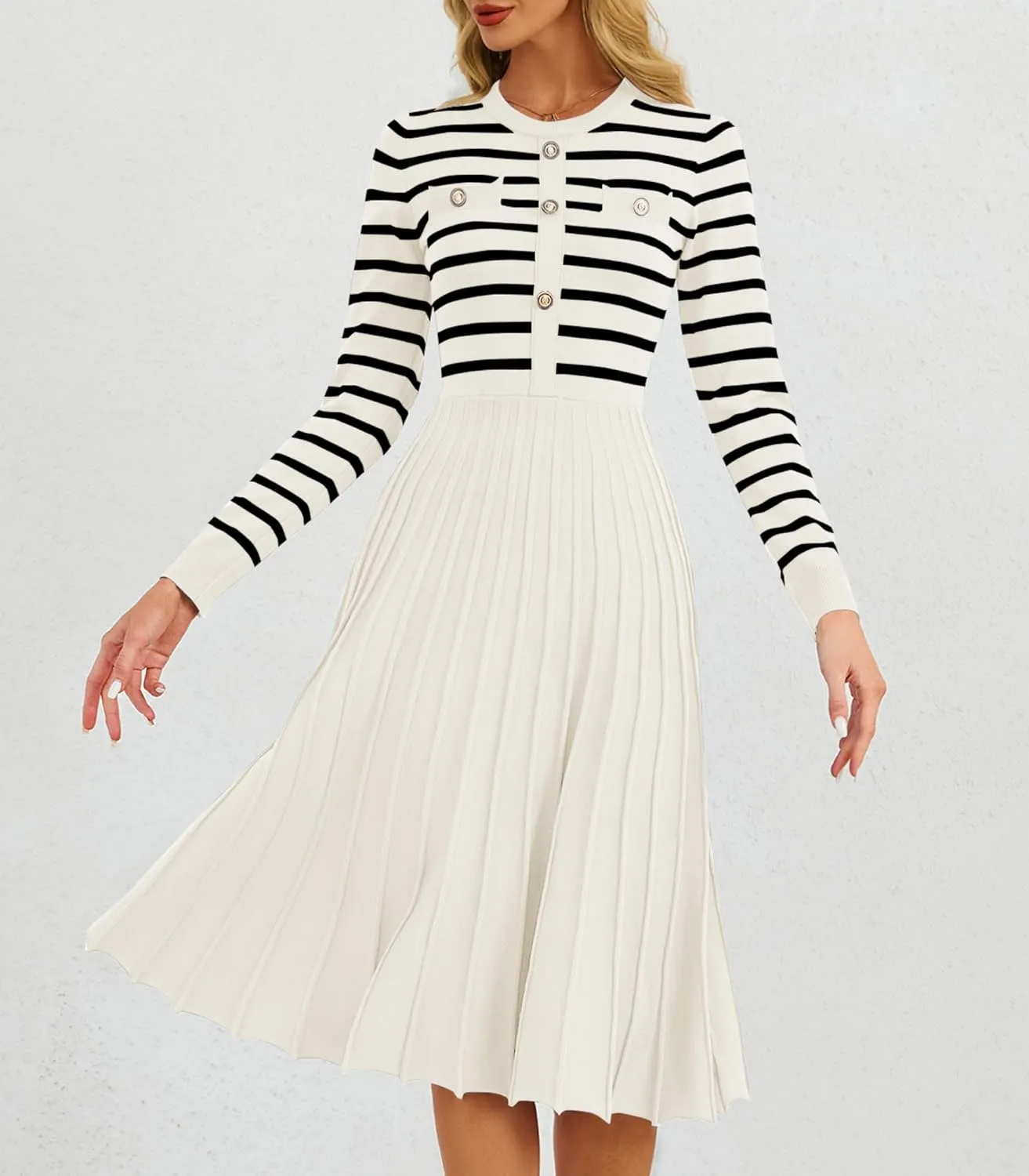 Women's Casual Long Sleeve Striped Midi Dress Crewneck Button Swing Pleated Knit A Line Dresses