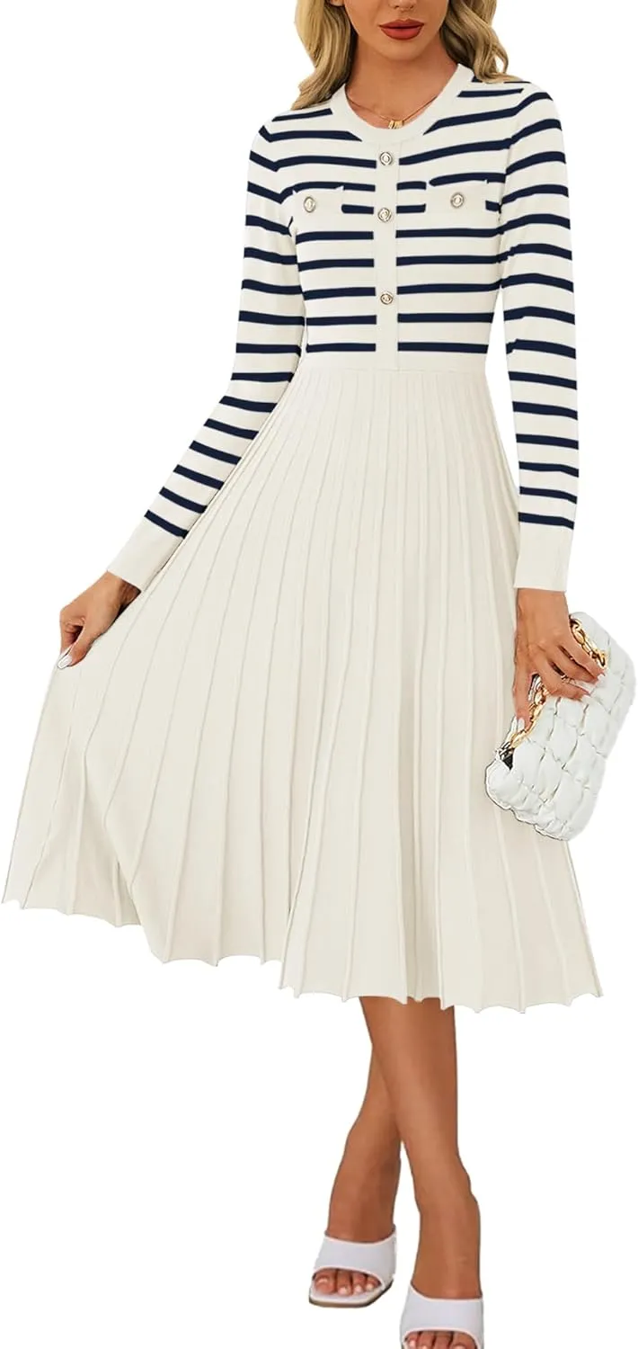 Women's Casual Long Sleeve Striped Midi Dress Crewneck Button Swing Pleated Knit A Line Dresses