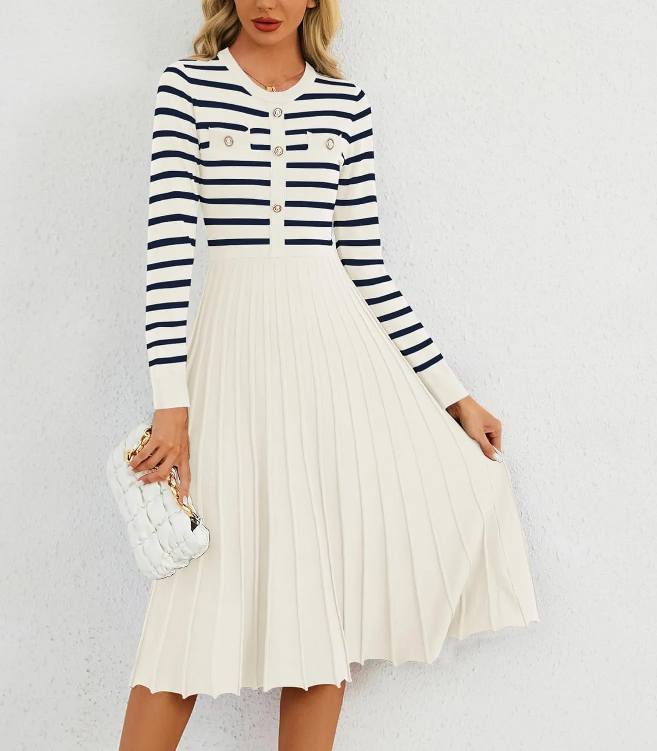 Women's Casual Long Sleeve Striped Midi Dress Crewneck Button Swing Pleated Knit A Line Dresses