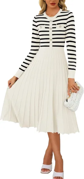 Women's Casual Long Sleeve Striped Midi Dress Crewneck Button Swing Pleated Knit A Line Dresses