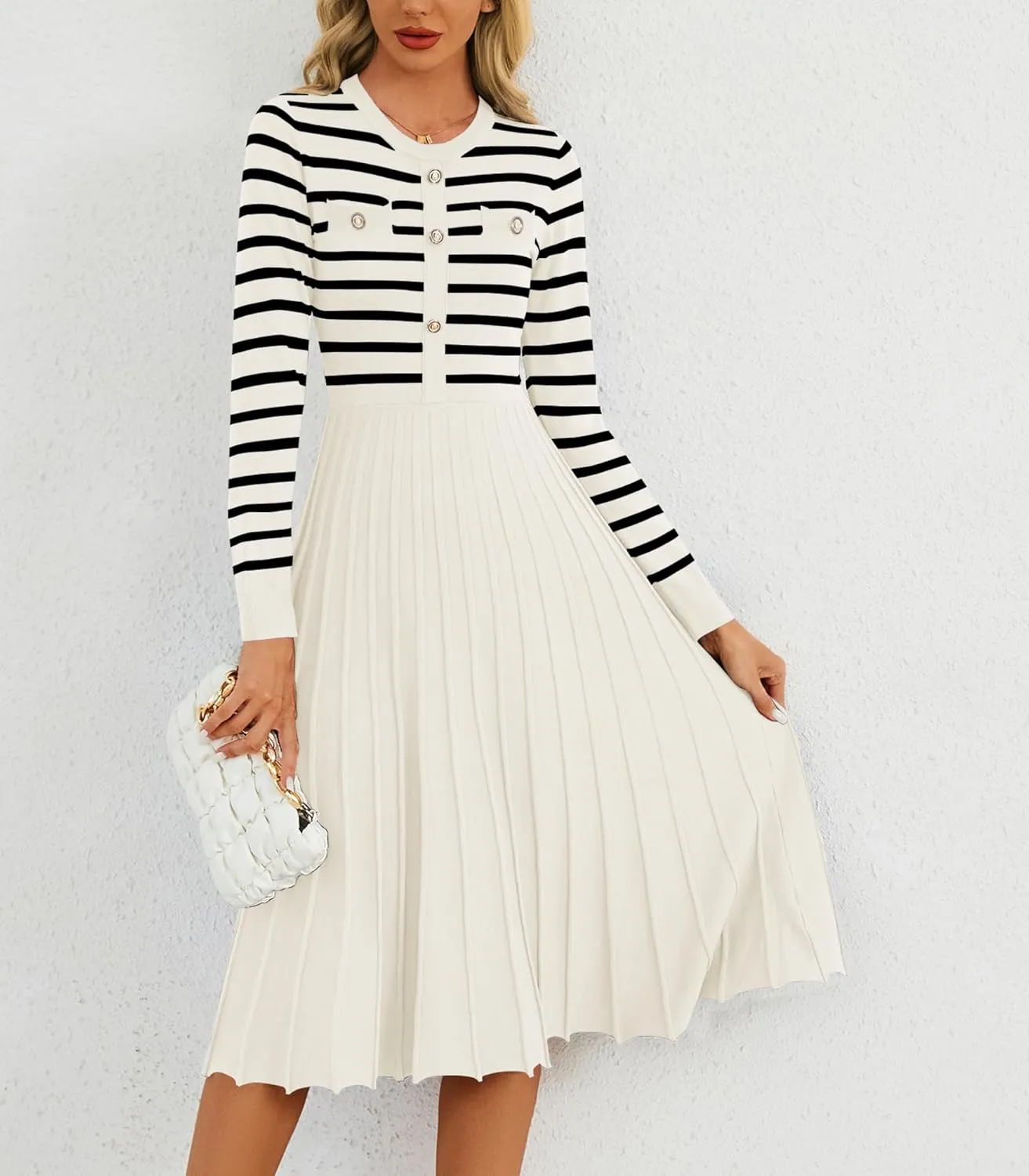 Women's Casual Long Sleeve Striped Midi Dress Crewneck Button Swing Pleated Knit A Line Dresses