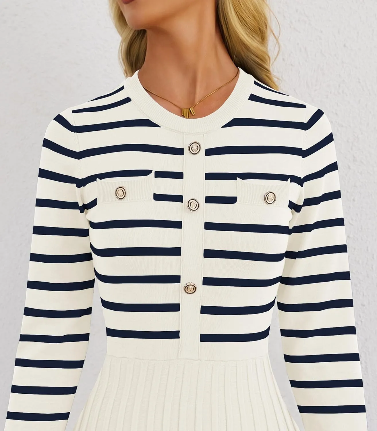 Women's Casual Long Sleeve Striped Midi Dress Crewneck Button Swing Pleated Knit A Line Dresses