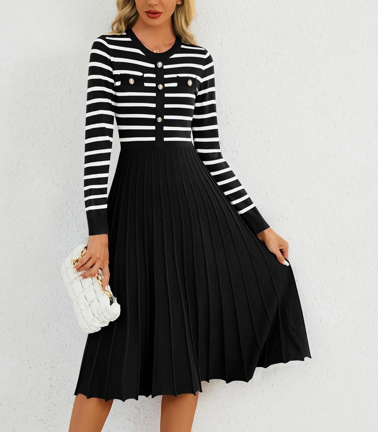 Women's Casual Long Sleeve Striped Midi Dress Crewneck Button Swing Pleated Knit A Line Dresses
