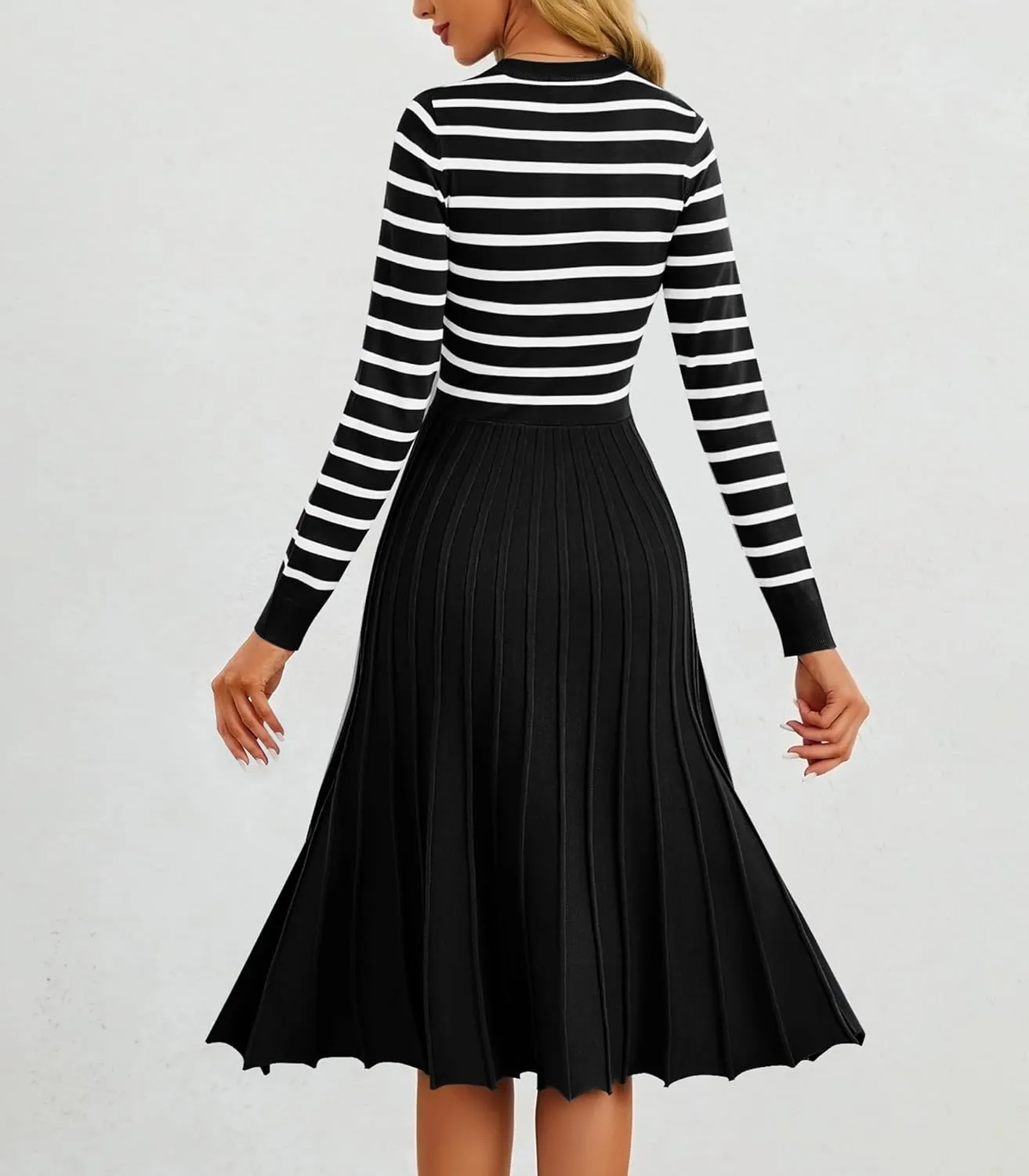 Women's Casual Long Sleeve Striped Midi Dress Crewneck Button Swing Pleated Knit A Line Dresses