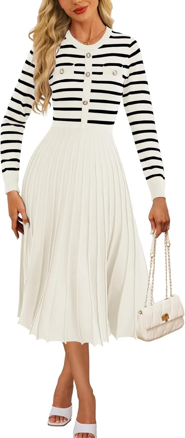 Women's Casual Long Sleeve Striped Midi Dress Crewneck Button Swing Pleated Knit A Line Dresses