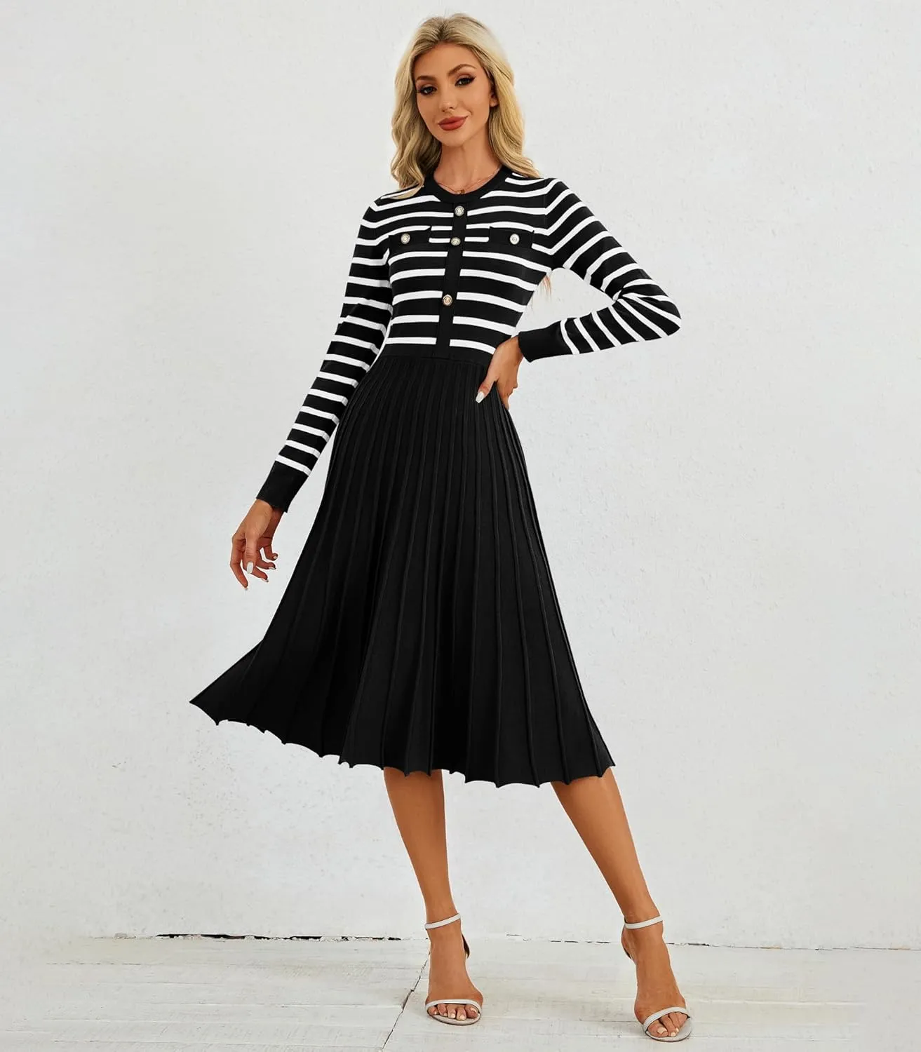 Women's Casual Long Sleeve Striped Midi Dress Crewneck Button Swing Pleated Knit A Line Dresses