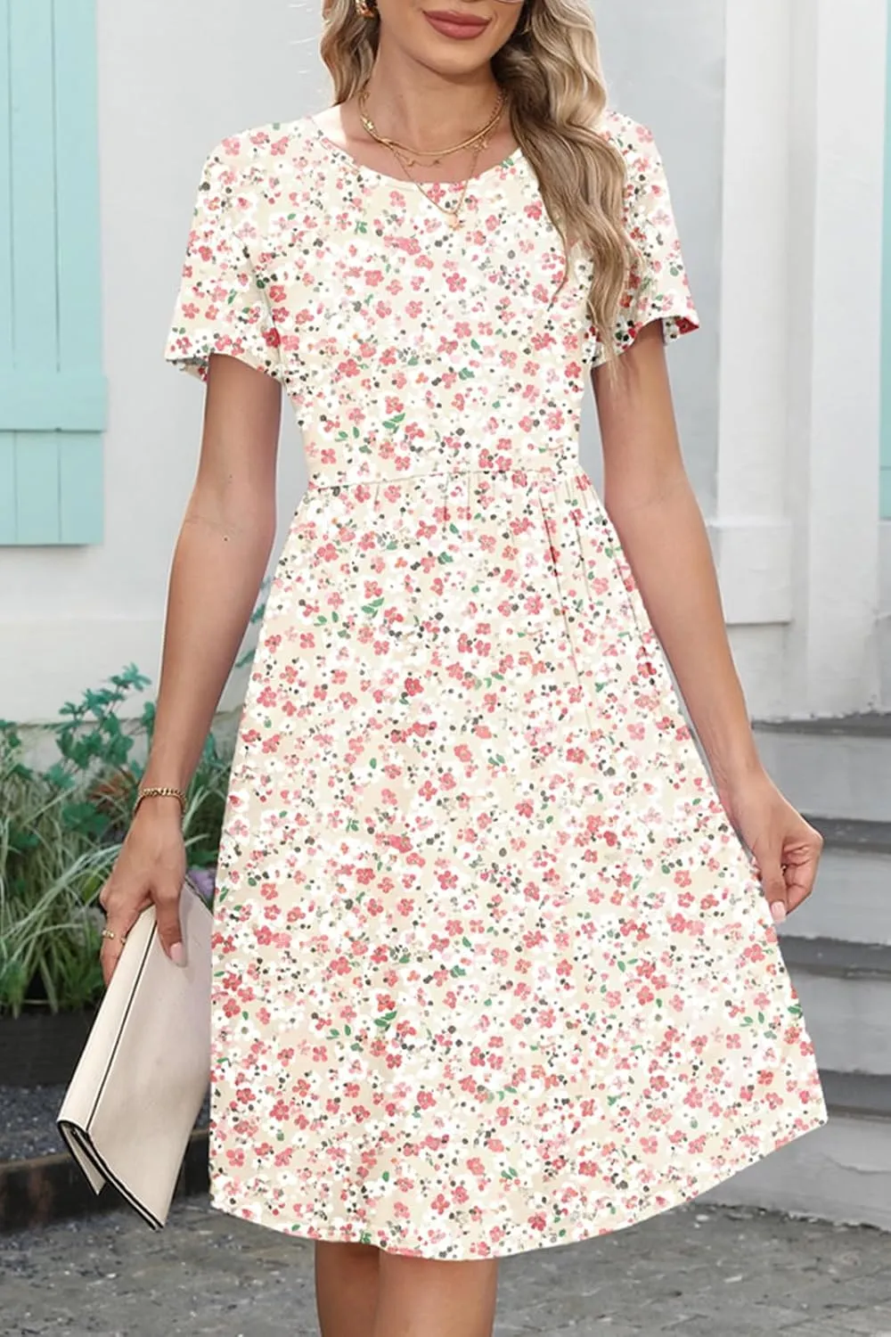 Women's Empire Waist Pleated Dress Flowy Casual Knee Length Short Sleeve Dresses with Pockets 2025