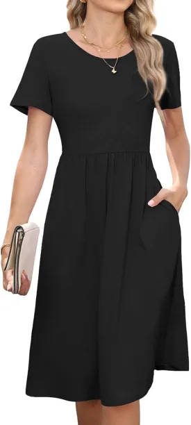 Women's Empire Waist Pleated Dress Flowy Casual Knee Length Short Sleeve Dresses with Pockets 2025