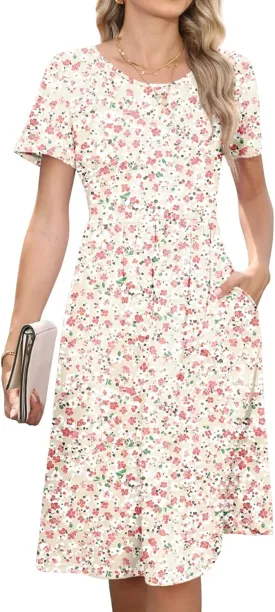 Women's Empire Waist Pleated Dress Flowy Casual Knee Length Short Sleeve Dresses with Pockets 2025