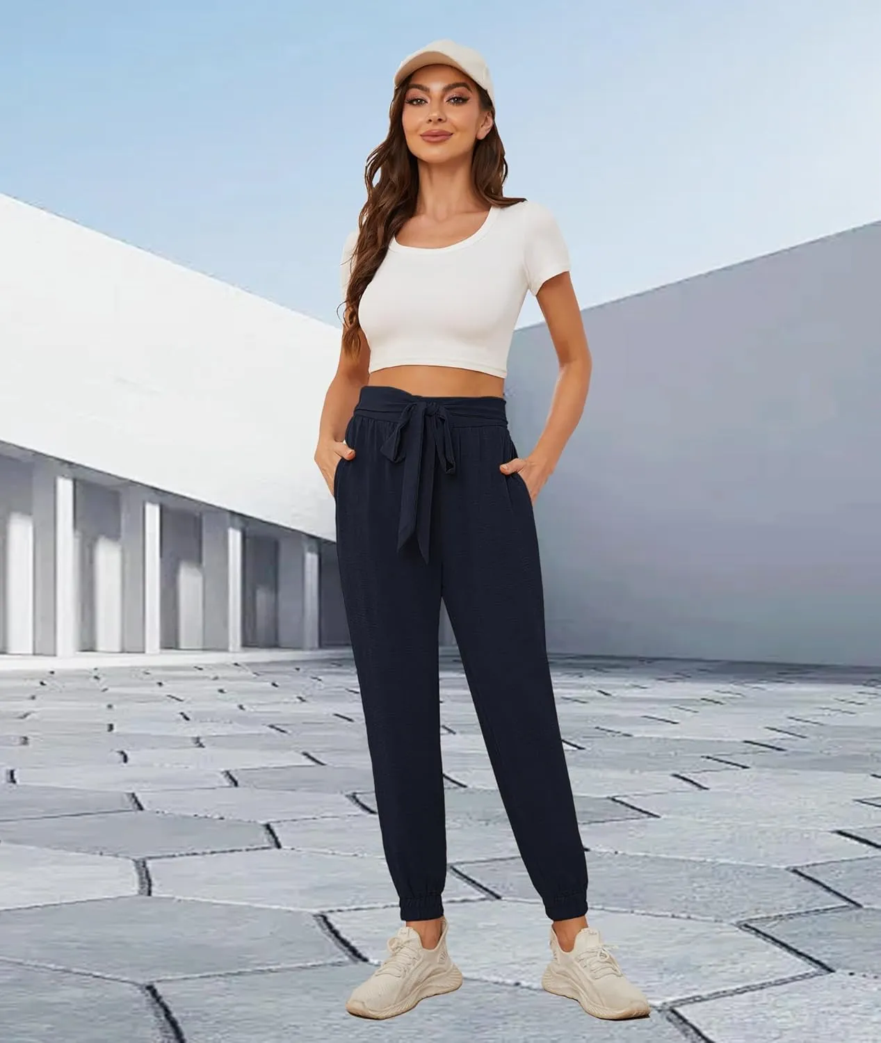 Womens High Waist Dressy Joggers Bow-Knot Loose Business Casual Pants for Work Tapered Trousers with Pockets