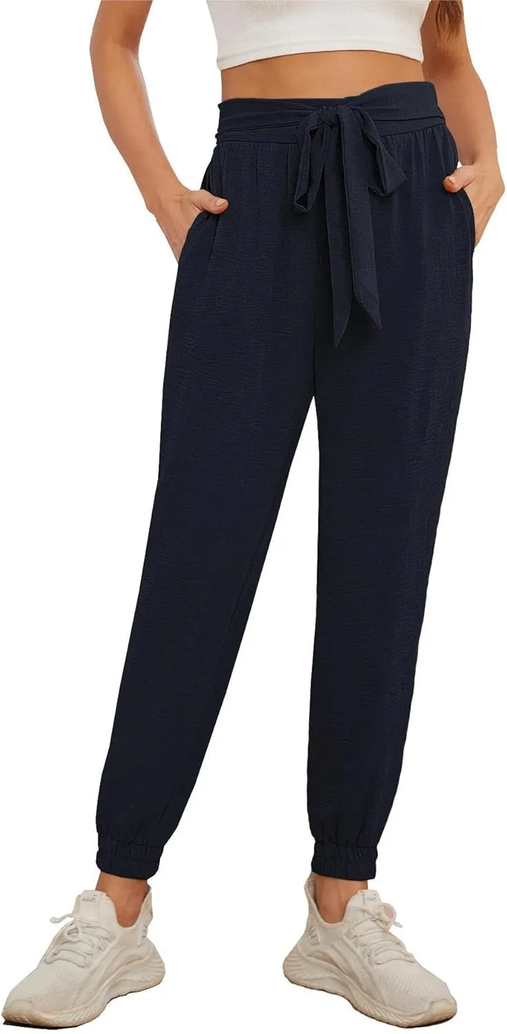 Womens High Waist Dressy Joggers Bow-Knot Loose Business Casual Pants for Work Tapered Trousers with Pockets
