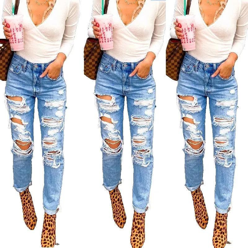 Women's High Waisted Skinny Destroyed Ripped Hole Denim Pants 