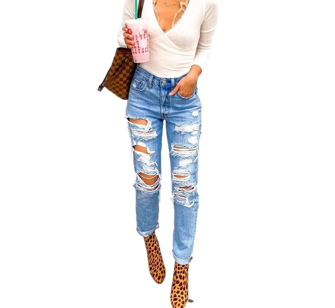 Women's High Waisted Skinny Destroyed Ripped Hole Denim Pants 