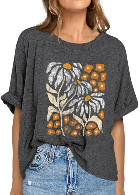 Womens Oversized Graphic Tee Shirt Raglan Sleeve Boho Wildflower Tshirt Summer Baggy Country Music Casual Blouses