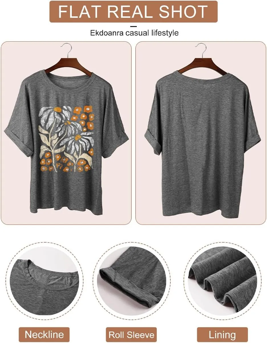 Womens Oversized Graphic Tee Shirt Raglan Sleeve Boho Wildflower Tshirt Summer Baggy Country Music Casual Blouses