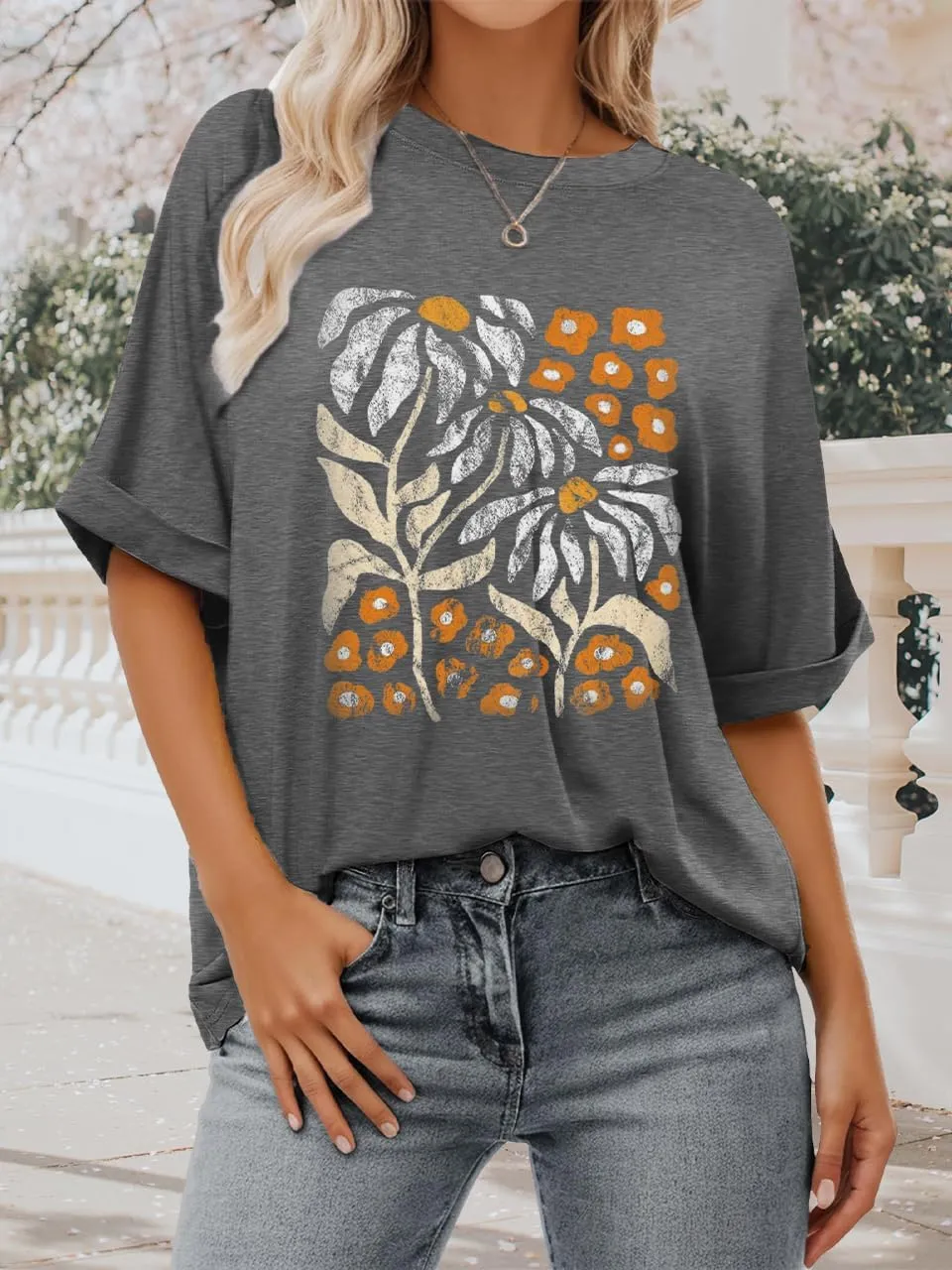 Womens Oversized Graphic Tee Shirt Raglan Sleeve Boho Wildflower Tshirt Summer Baggy Country Music Casual Blouses