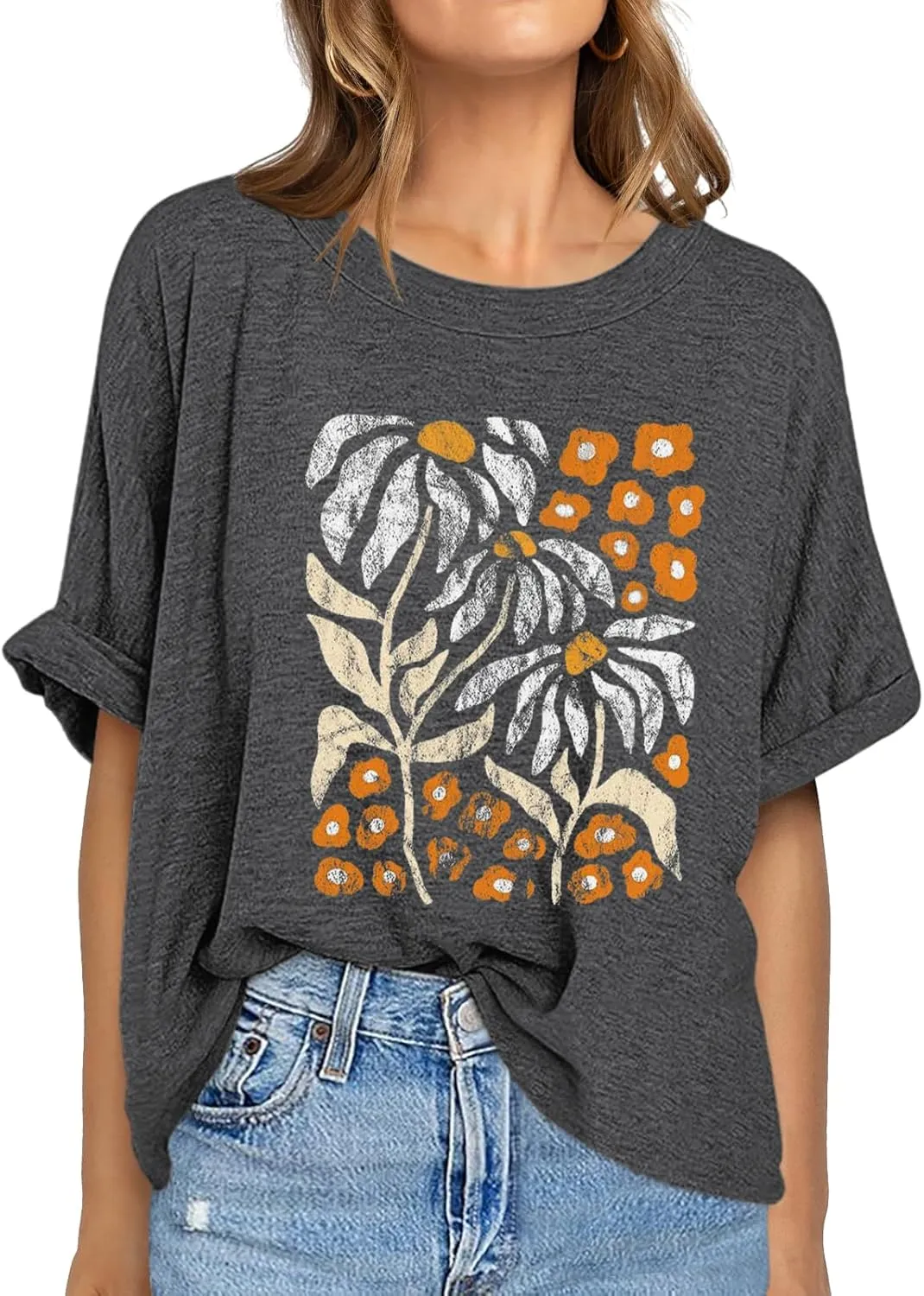 Womens Oversized Graphic Tee Shirt Raglan Sleeve Boho Wildflower Tshirt Summer Baggy Country Music Casual Blouses
