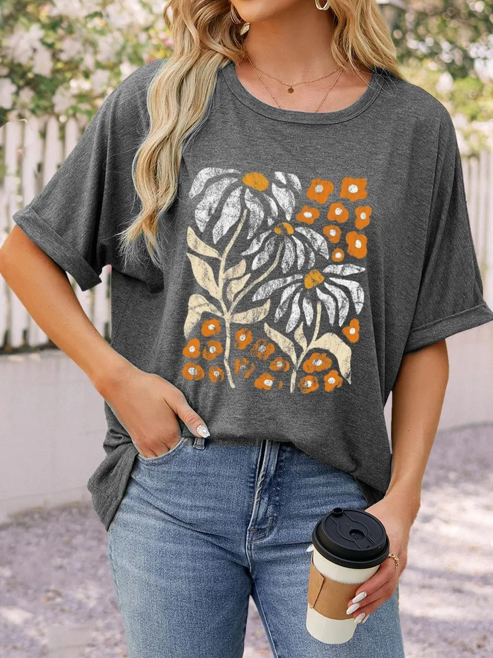 Womens Oversized Graphic Tee Shirt Raglan Sleeve Boho Wildflower Tshirt Summer Baggy Country Music Casual Blouses