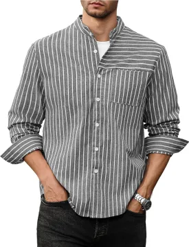 ZAFUL Men's Casual Button-Down Shirts Long Sleeve Striped Cuban Guayabera Banded Collar with Pocket All-Day Shirt Tops