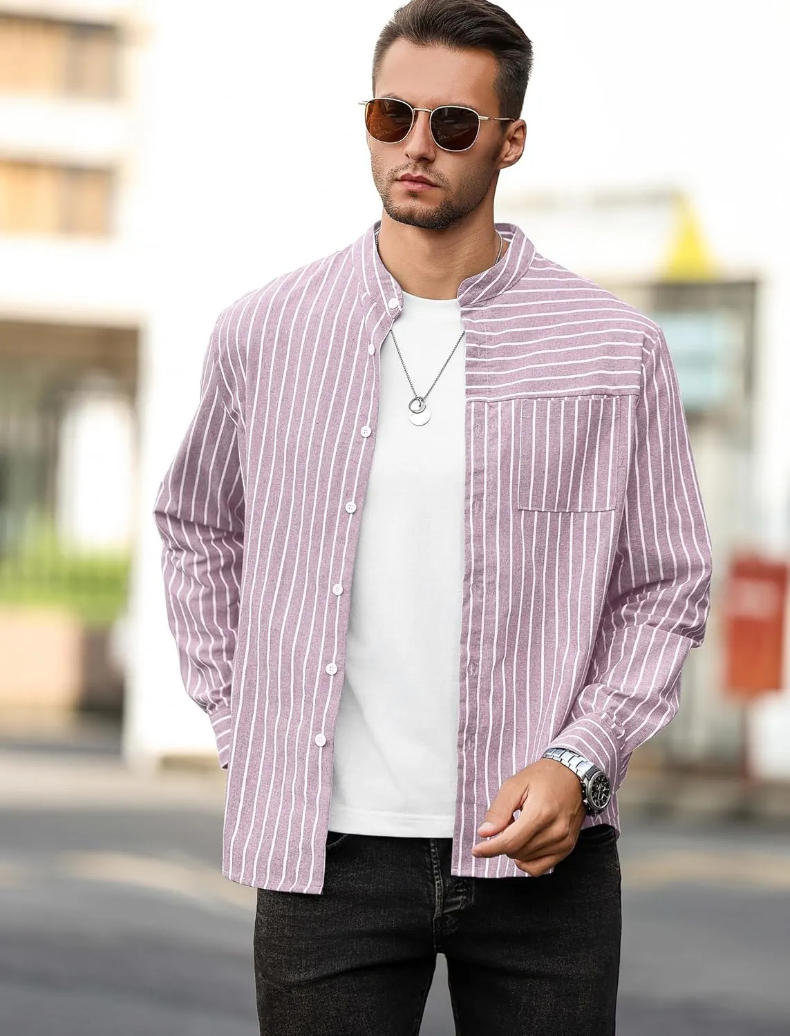 ZAFUL Men's Casual Button-Down Shirts Long Sleeve Striped Cuban Guayabera Banded Collar with Pocket All-Day Shirt Tops