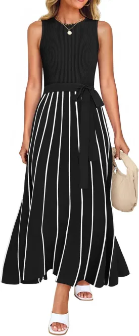 ZESICA Women's Summer Sleeveless Midi Dress 2025 Crewneck Ribbed Knit Tie Waist Casual A Line Swing Dresses