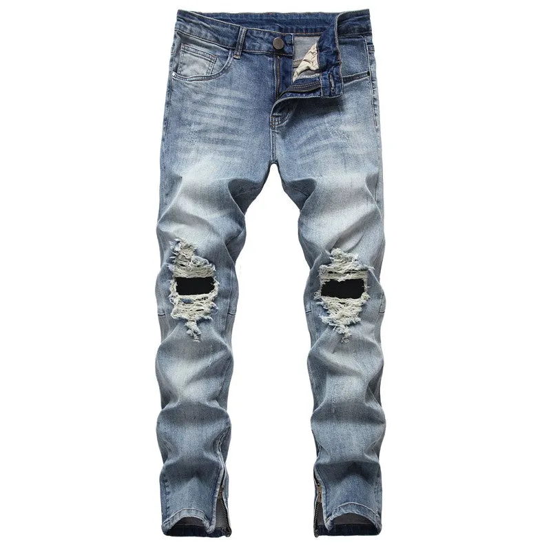 Zipper Ripped Jeans Trousers Zipper Men's Denim Stretch Trousers