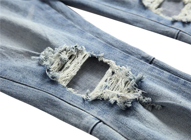 Zipper Ripped Jeans Trousers Zipper Men's Denim Stretch Trousers