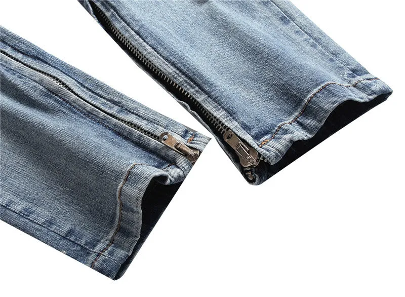 Zipper Ripped Jeans Trousers Zipper Men's Denim Stretch Trousers