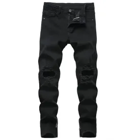 Zipper Ripped Jeans Trousers Zipper Men's Denim Stretch Trousers