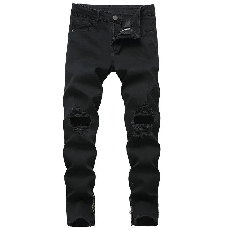 Zipper Ripped Jeans Trousers Zipper Men's Denim Stretch Trousers